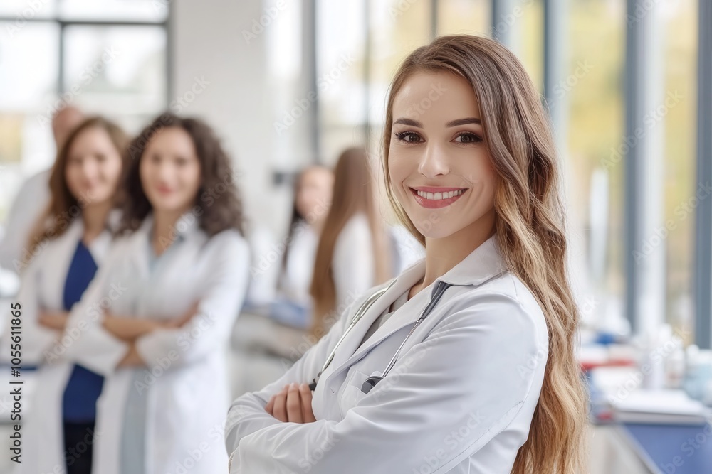 A smiling healthcare professional in a white coat stands confidently in a clinic. Colleagues are softly blurred in the background, showcasing teamwork in a modern medical facility with large windows. A smiling healthcare professional in a white coat stands confidently in a clinic. Colleagues are softly blurred in the background, showcasing teamwork in a modern medical facility with large windows.