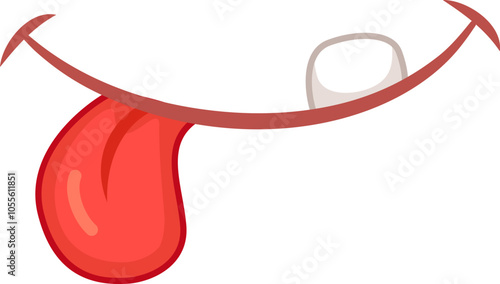 Cartoon illustration of a big smile with a single tooth showing, licking its lips with a long tongue, isolated over a white background