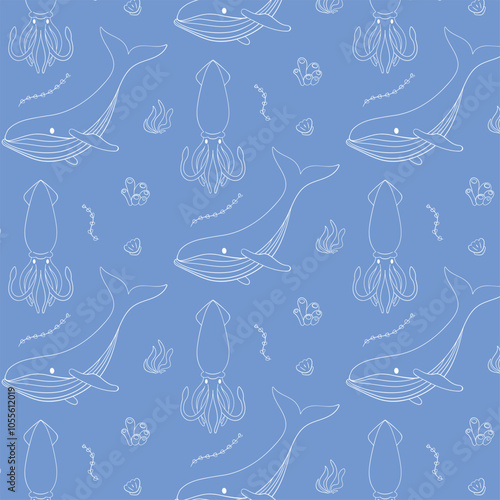 Seamless pattern with outline illustration of whale, squid, coral, seaweed on a blue background. Ideal for marine textiles, wallpaper, and decor.