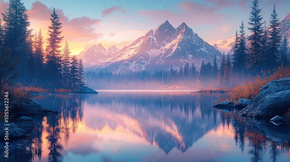 A serene high-resolution landscape of a calm mountain lake surrounded by towering pine forests. Snow-capped peaks reflect perfectly on the mirror-like water surface under a pastel-colored dawn sky. A serene high-resolution landscape of a calm mountain lake surrounded by towering pine forests. Snow-capped peaks reflect perfectly on the mirror-like water surface under a pastel-colored dawn sky.