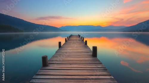 Tranquil Sunset View of a Wooden Dock Stretching Over Water