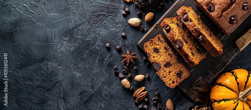 Top view of sliced pumpkin bread with chocolate drops and nuts offering a sweet dessert loaded with ingredients and copy space image photo