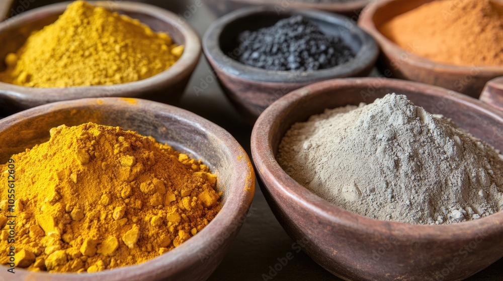 Assorted earth pigments in hues of yellow orange gray and brown displayed in bowls ideal for creating natural dyes and paint Assorted earth pigments in hues of yellow orange gray and brown displayed in bowls ideal for creating natural dyes and paint