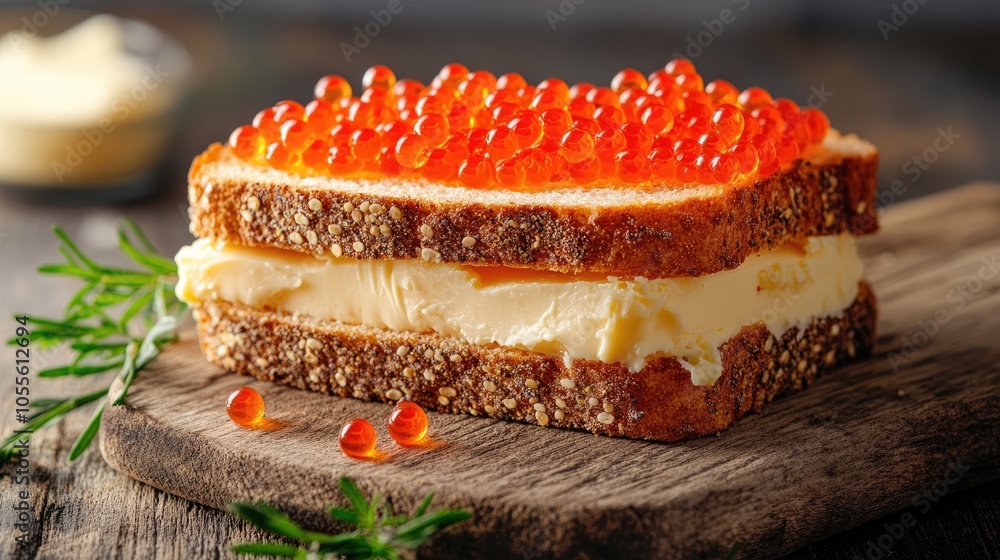 sandwich topped with red caviar and butter sandwich topped with red caviar and butter