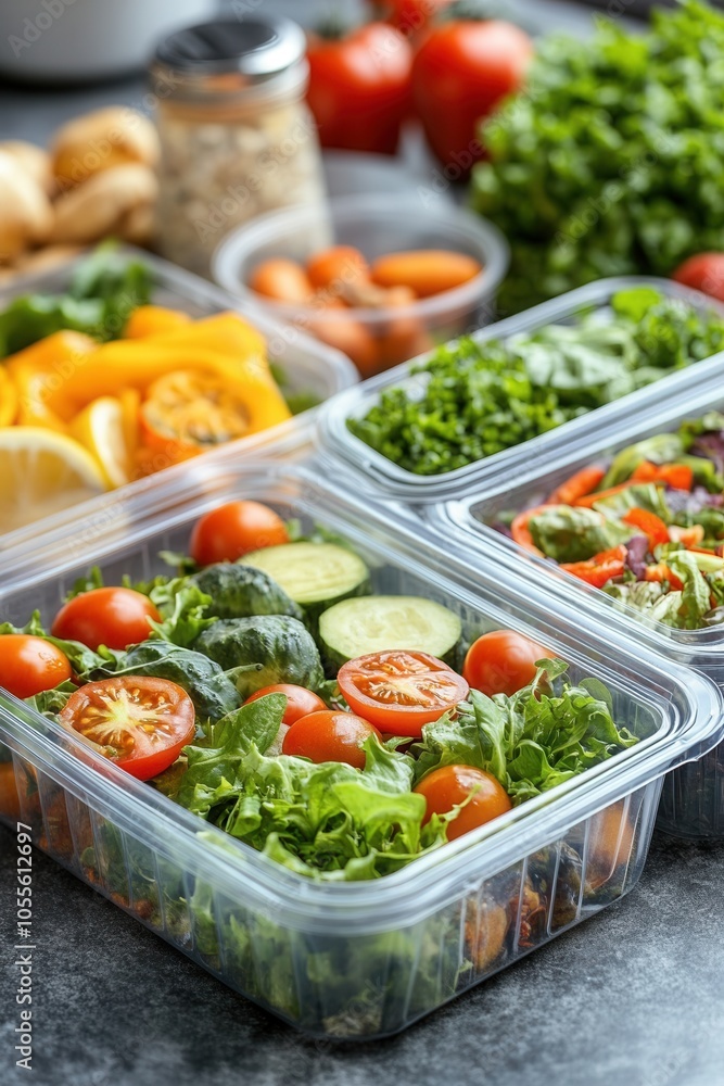 Vibrant salads filled with cherry tomatoes, cucumbers, and leafy greens are neatly arranged in clear containers. Surrounding ingredients like peppers, herbs, and nuts add to the freshness and appeal, Vibrant salads filled with cherry tomatoes, cucumbers, and leafy greens are neatly arranged in clear containers. Surrounding ingredients like peppers, herbs, and nuts add to the freshness and appeal,