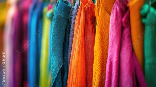 Colorful clothes hanging against a vibrant background close up shot