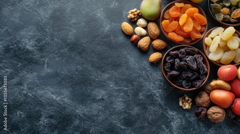 An assortment of dried fruits and nuts arranged on a kitchen table with ample copy space