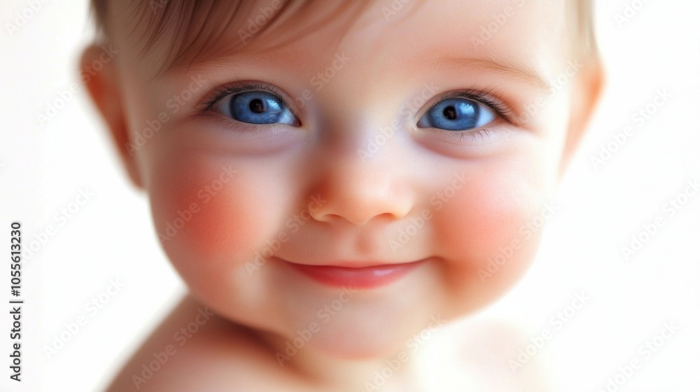 Cute baby with bright eyes, chubby cheeks, and small smile, gazing forward with joy, isolated on white Cute baby with bright eyes, chubby cheeks, and small smile, gazing forward with joy, isolated on white