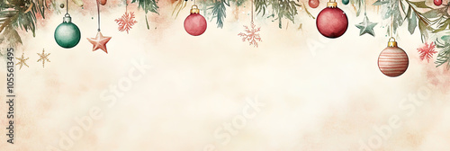 Sanfter Aquarell Hintergrund in zarten Pastellfarben mit festlichen Weihnachtsornamenten wie Kugeln, Sternen und Schneeflocken