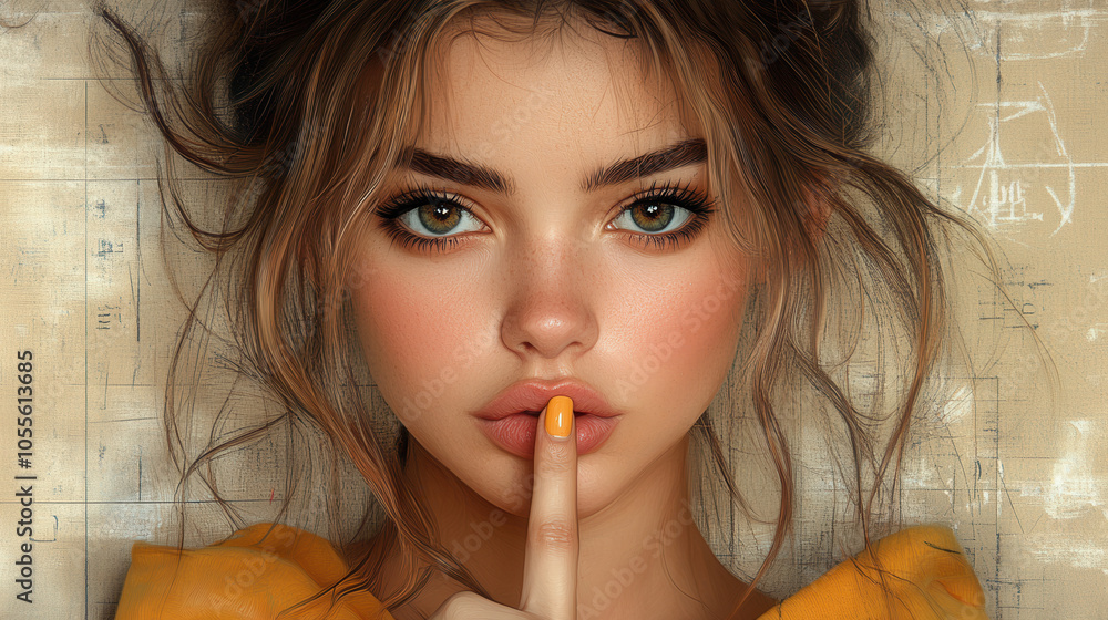 Mysterious young woman with silence gesture and vibrant hair style in digital art Mysterious young woman with silence gesture and vibrant hair style in digital art