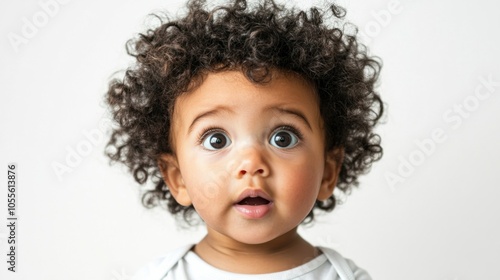 Cute baby with soft curly hair and a surprised expression, wide-eyed and curious, isolated on white
