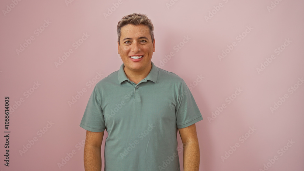 Young handsome man smiling in casual attire over isolated pink background Young handsome man smiling in casual attire over isolated pink background