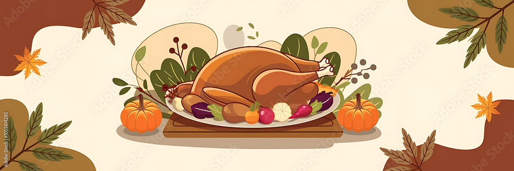 Roasted turkey with vegetables and fall leaves brown and orange festive Thanksgiving dinner Roasted turkey with vegetables and fall leaves brown and orange festive Thanksgiving dinner
