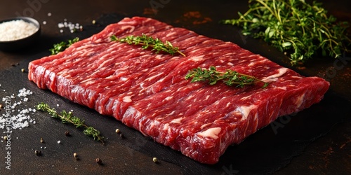 a piece of meat with herbs and salt photo