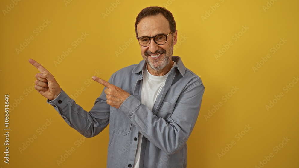 Handsome hispanic man smiling and pointing to the side against an isolated yellow background, wearing glasses and casual clothes, showcasing a mature yet lively disposition. Handsome hispanic man smiling and pointing to the side against an isolated yellow background, wearing glasses and casual clothes, showcasing a mature yet lively disposition.