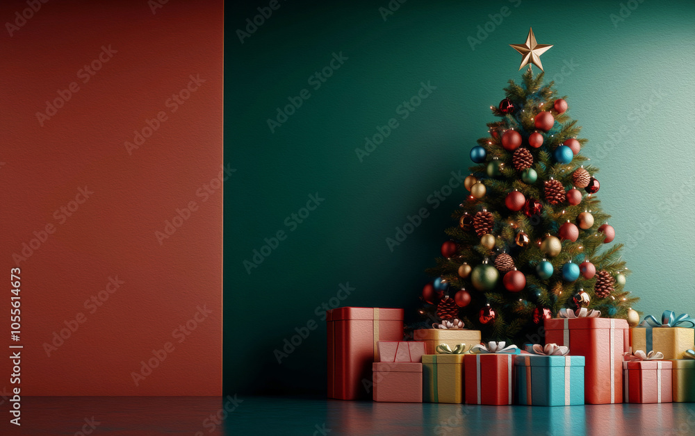 Christmas Tree and Gifts: A beautifully decorated Christmas tree stands tall against a vibrant green and red backdrop. Christmas Tree and Gifts: A beautifully decorated Christmas tree stands tall against a vibrant green and red backdrop.