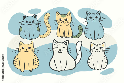 Cute funny cats in different comic fun poses. Adorable feline animals, clumsy amusing kitties sleeping, lying, playing in hilarious positions. Flat vector illustration isolated on white background 
