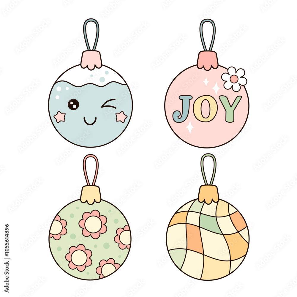 Retro groovy Christmas ornaments clipart. Cute festive objects. Hand drawn vector illustration in flat style Retro groovy Christmas ornaments clipart. Cute festive objects. Hand drawn vector illustration in flat style