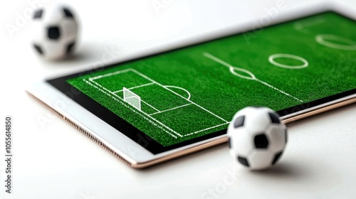 Tablet displaying a soccer field layout with two mini balls, on grass. Ideal for sports enthusiasts.