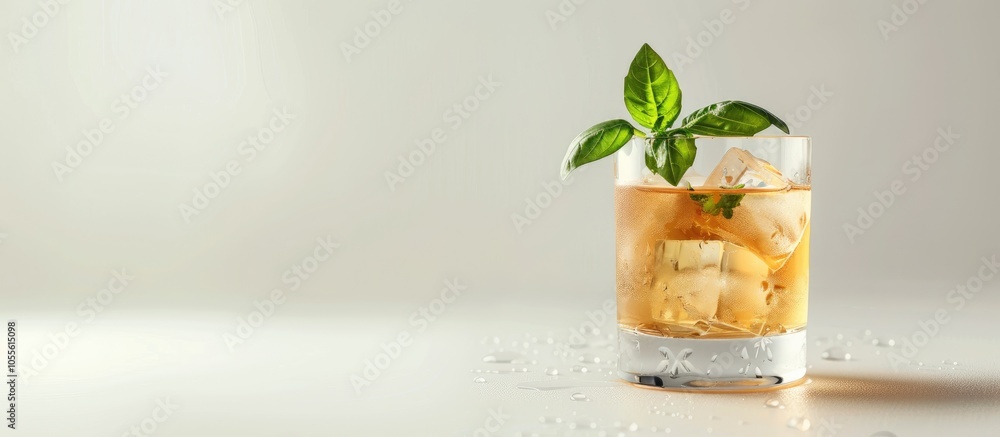 An elegant cocktail in a short glass garnished with basil on a white backdrop perfect for a refreshing drink ad with copy space image An elegant cocktail in a short glass garnished with basil on a white backdrop perfect for a refreshing drink ad with copy space image