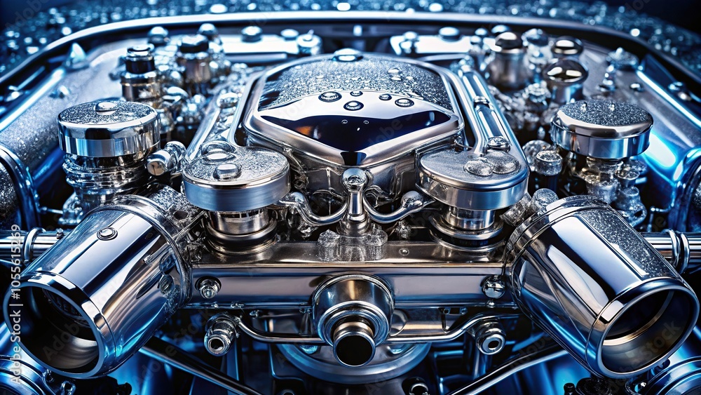Fototapeta premium Glistening car engine with water droplets