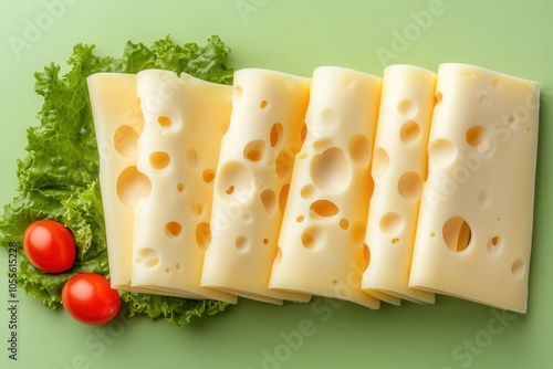 A whimsical composition displays a book crafted from Swiss cheese slices stacked and open. The vibrant yellow cheese contrasts beautifully with a solid green background, enhancing the playful and surr photo