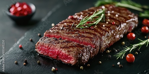 a steak on a black plate with a sp spe of rosemary photo