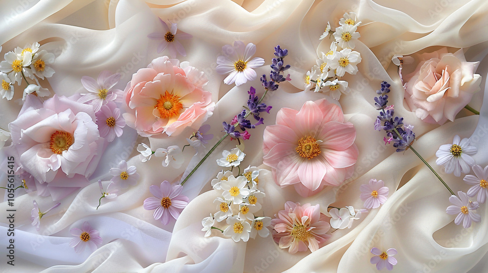 A delicate flat lay of mixed flowers in shades of pastel pinks, lavender, and pale yellow on a soft white fabric background. A delicate flat lay of mixed flowers in shades of pastel pinks, lavender, and pale yellow on a soft white fabric background.