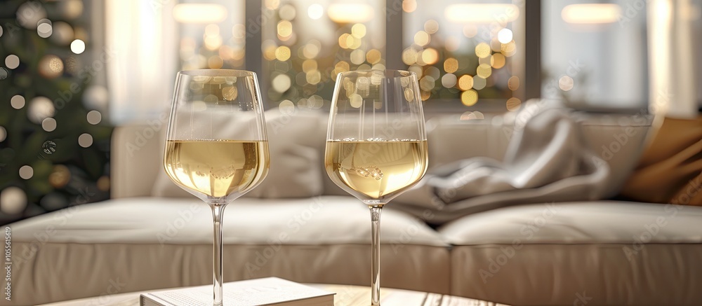 Cozy living room featuring a Scandinavian style setting the scene for a romantic party with two glasses of delightful white wine Copy space image available Cozy living room featuring a Scandinavian style setting the scene for a romantic party with two glasses of delightful white wine Copy space image available