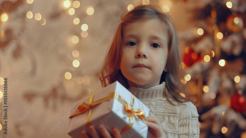 Adorable Child Holding Christmas Gift with Festive Lights in Background Adorable Child Holding Christmas Gift with Festive Lights in Background