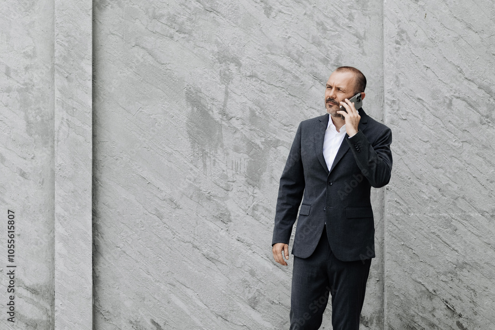A businessman stands by a modern office talking on the phone, receiving joyful news about a deal completion. Confidence and success in business are evident on his face A businessman stands by a modern office talking on the phone, receiving joyful news about a deal completion. Confidence and success in business are evident on his face