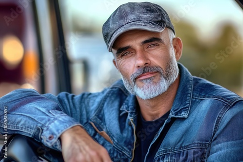 A truck driver showcases a relaxed expression while resting his hands on the steering wheel. His rugged appearance is complemented by a cap and work jacket, with a large truck and industrial setting i photo