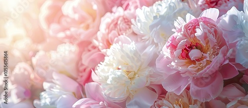 Peonies in pink and white hues displayed on a bright background providing room for text or images. Copy space image. Place for adding text and design