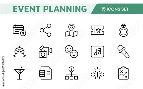 Event Planning Icon Set. Stylish and functional icons for organizers, perfect for scheduling, venue management, and event promotion, ideal for apps, websites, and marketing materials.