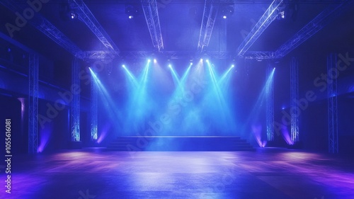 Stage with blue lights and spotlights in the background. Vector illustration of a concert, show, or dance performance scene. High-resolution, AI Generative