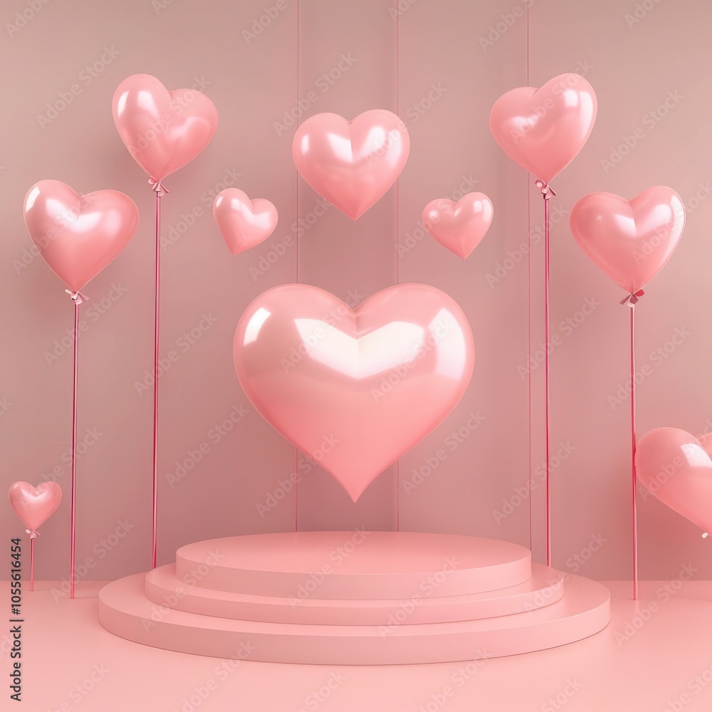 Pink heart-shaped balloons floating around a round podium in a pink background Pink heart-shaped balloons floating around a round podium in a pink background