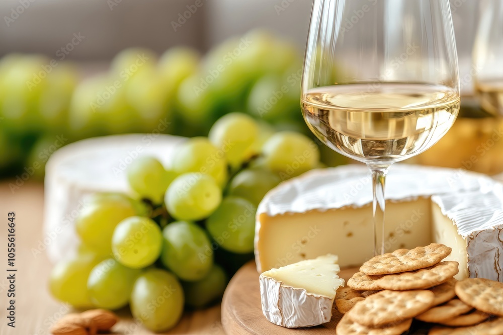 Cheese and Wine with Grapes and Crackers on Table Cheese and Wine with Grapes and Crackers on Table