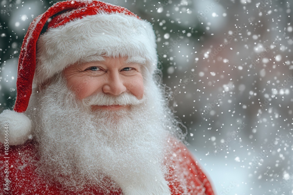 A joyful Santa Claus smiles warmly, dressed in his classic red suit and hat. The serene snowy forest serves as a picturesque backdrop, with glistening trees and soft winter sunlight creating a festive A joyful Santa Claus smiles warmly, dressed in his classic red suit and hat. The serene snowy forest serves as a picturesque backdrop, with glistening trees and soft winter sunlight creating a festive