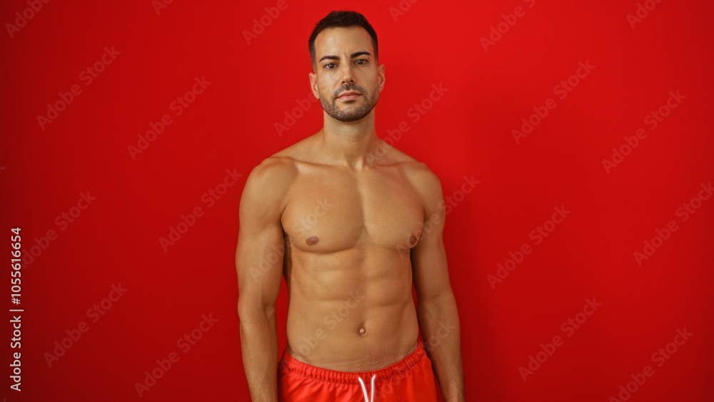 Handsome young hispanic man with a beard posing shirtless in red shorts against an isolated red background wall Handsome young hispanic man with a beard posing shirtless in red shorts against an isolated red background wall