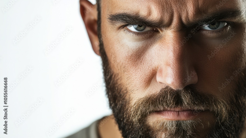 Obraz premium Man with close-cropped beard and serious expression, appearing focused and determined, isolated on white