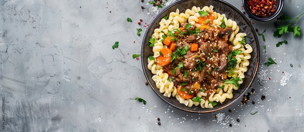 Macaroni in Navy style with stewed beef veggies on a plate over a grey concrete backdrop Includes a copy space image Macaroni in Navy style with stewed beef veggies on a plate over a grey concrete backdrop Includes a copy space image