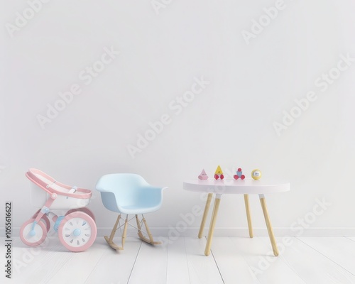 A minimalist nursery interior design with a white wall. a baby stroller. a rocking chair. and a small table with toys photo