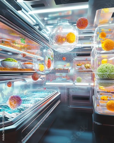 Futuristic airplane interior with a food counter and large windows showcasing a beautiful sunset over clouds. photo