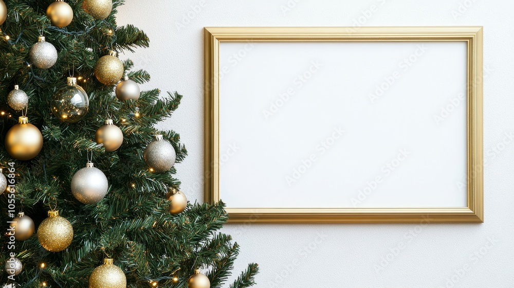 Fototapeta premium Minimalist Scene Featuring a Blank Frame and Festive Tree Decorations
