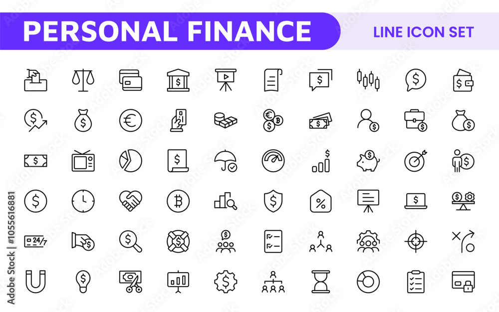 Personal Finance Icon Set. Sleek and intuitive icons for budgeting; saving; and investing; perfect for financial apps; tools; and websites to empower users in managing their money effectively. Personal Finance Icon Set. Sleek and intuitive icons for budgeting; saving; and investing; perfect for financial apps; tools; and websites to empower users in managing their money effectively.