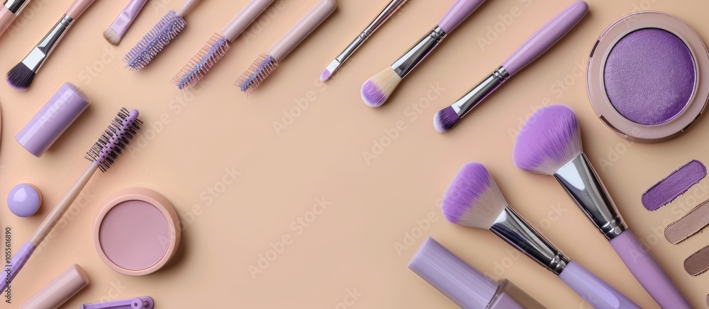 Manicure tools including nail files cuticle pusher buffers and nail swatches in lavender hues on a beige backdrop with space for text and images. Copy space image. Place for adding text and design Manicure tools including nail files cuticle pusher buffers and nail swatches in lavender hues on a beige backdrop with space for text and images. Copy space image. Place for adding text and design