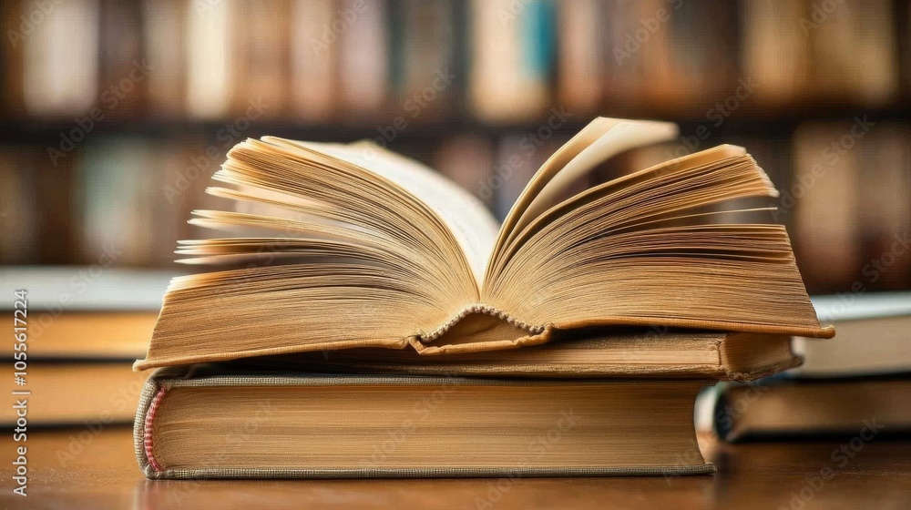 Focused View of Books with Blurred Library Shelves in the Background Focused View of Books with Blurred Library Shelves in the Background