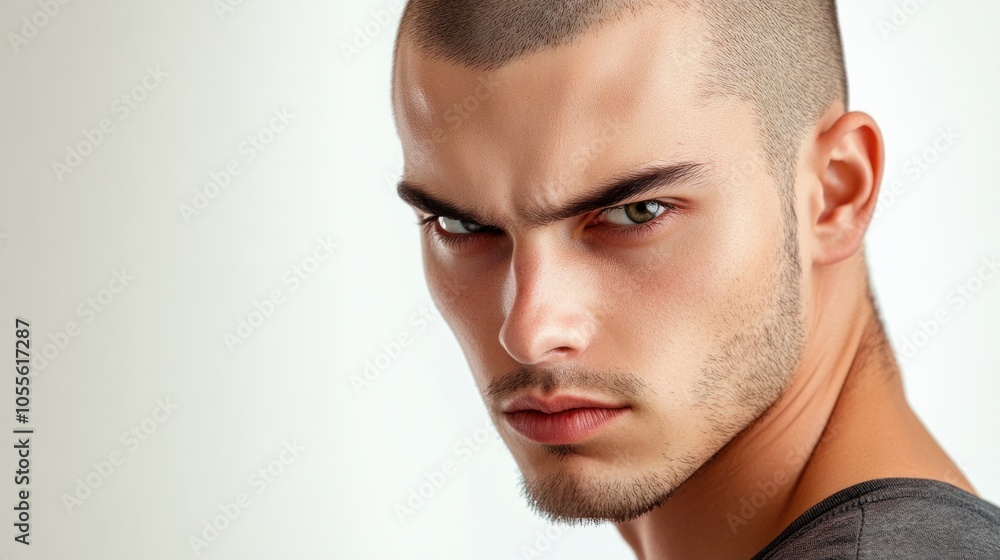 Fototapeta premium Man with shaved head, intense gaze, and stubble, conveying determination and focus, isolated on white
