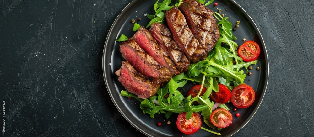 Top view of a medium rare grilled flank beef steak served with salad on a plate against a black background providing copy space image Top view of a medium rare grilled flank beef steak served with salad on a plate against a black background providing copy space image