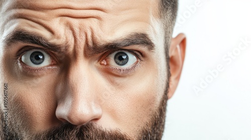 Man with short beard, intense gaze, and slightly raised eyebrows, appearing curious and engaged, isolated on white